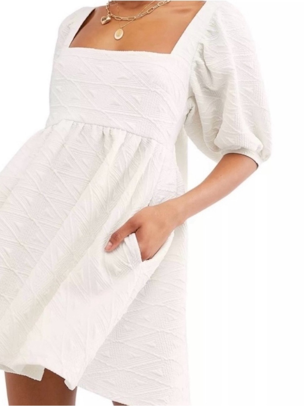 NWT Free People White Textured Violet Square-Neck Babydoll Dress - Picture 3 of 16